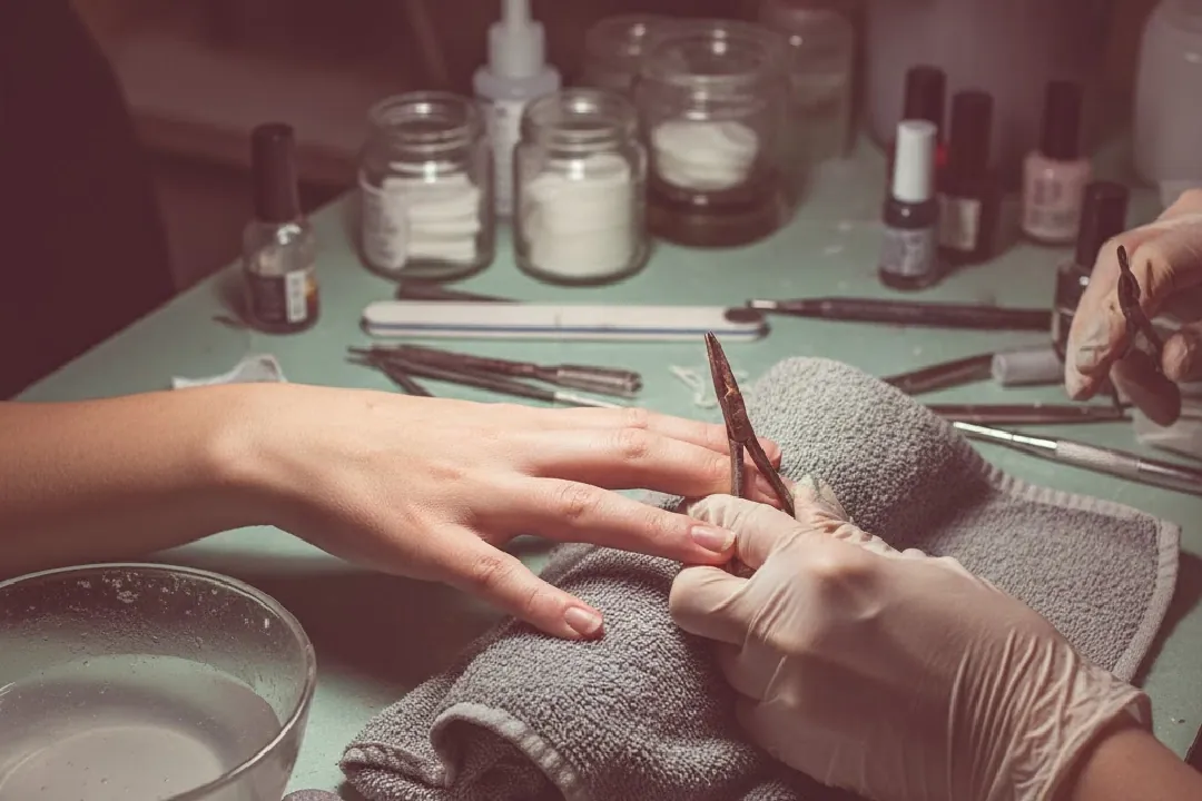Gloved nail technician trimming cuticles with metal nippers beside sanitized tools