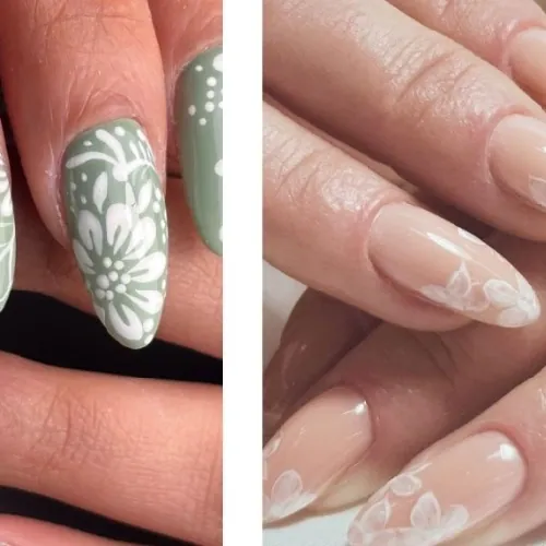 Sage green nails with white floral art beside nude almond nails with white flower tips, both with clean cuticle lines