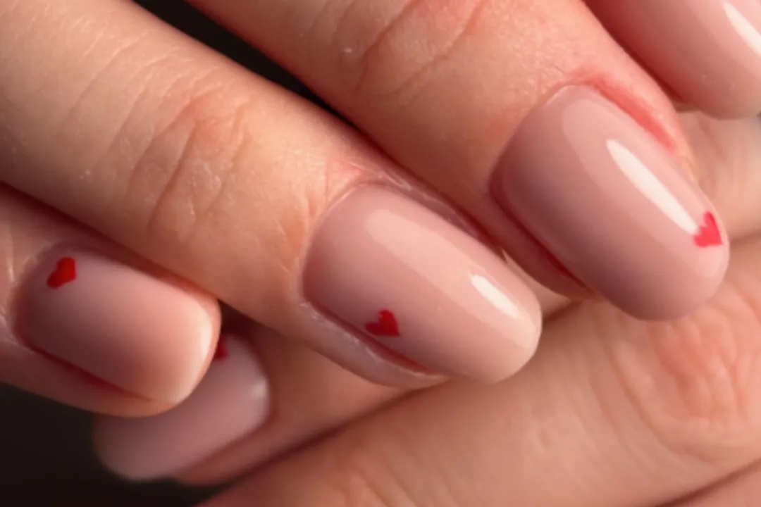 Short nude gel nails with tiny red heart accents and clean cuticle lines
