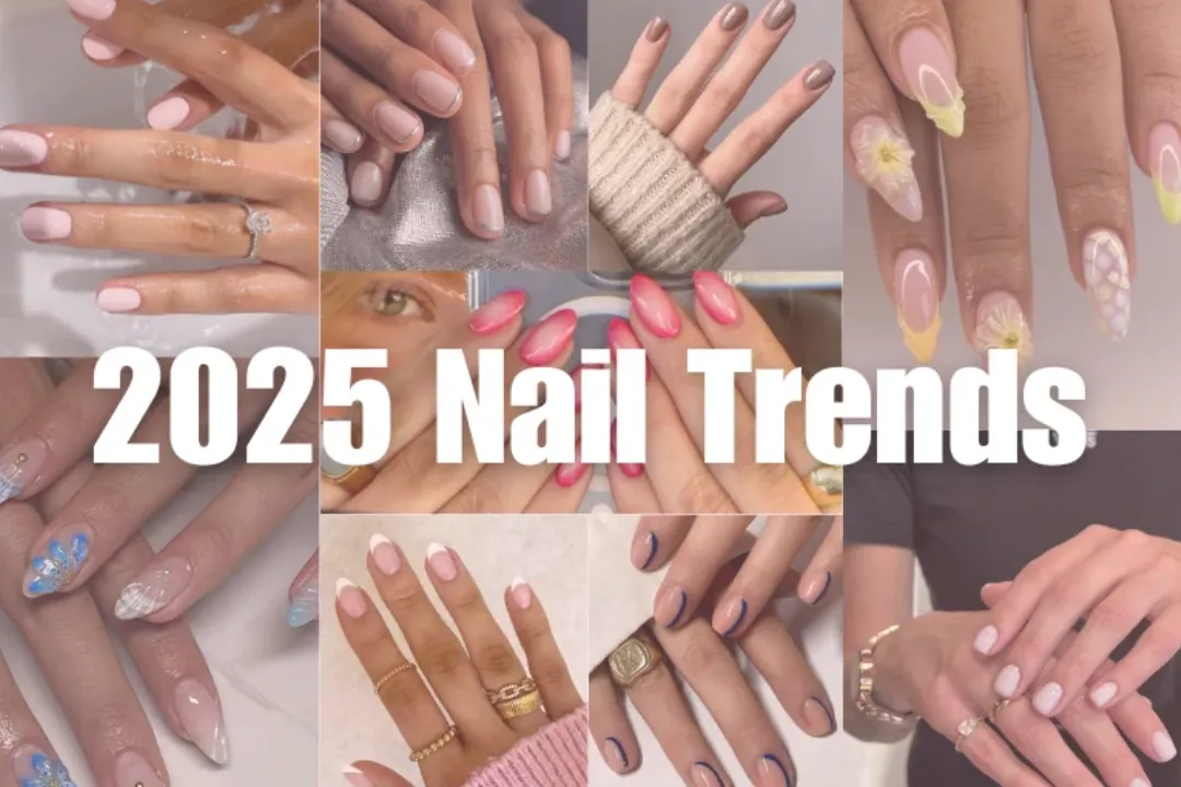 Collage of 2025 nail trends: sheer pink nails, micro French tips, red ombre almond nails and floral nail art