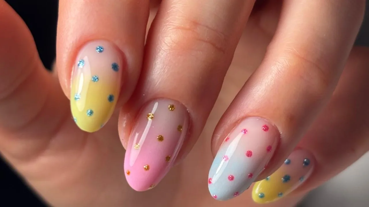 Pastel nails with colorful polka dots