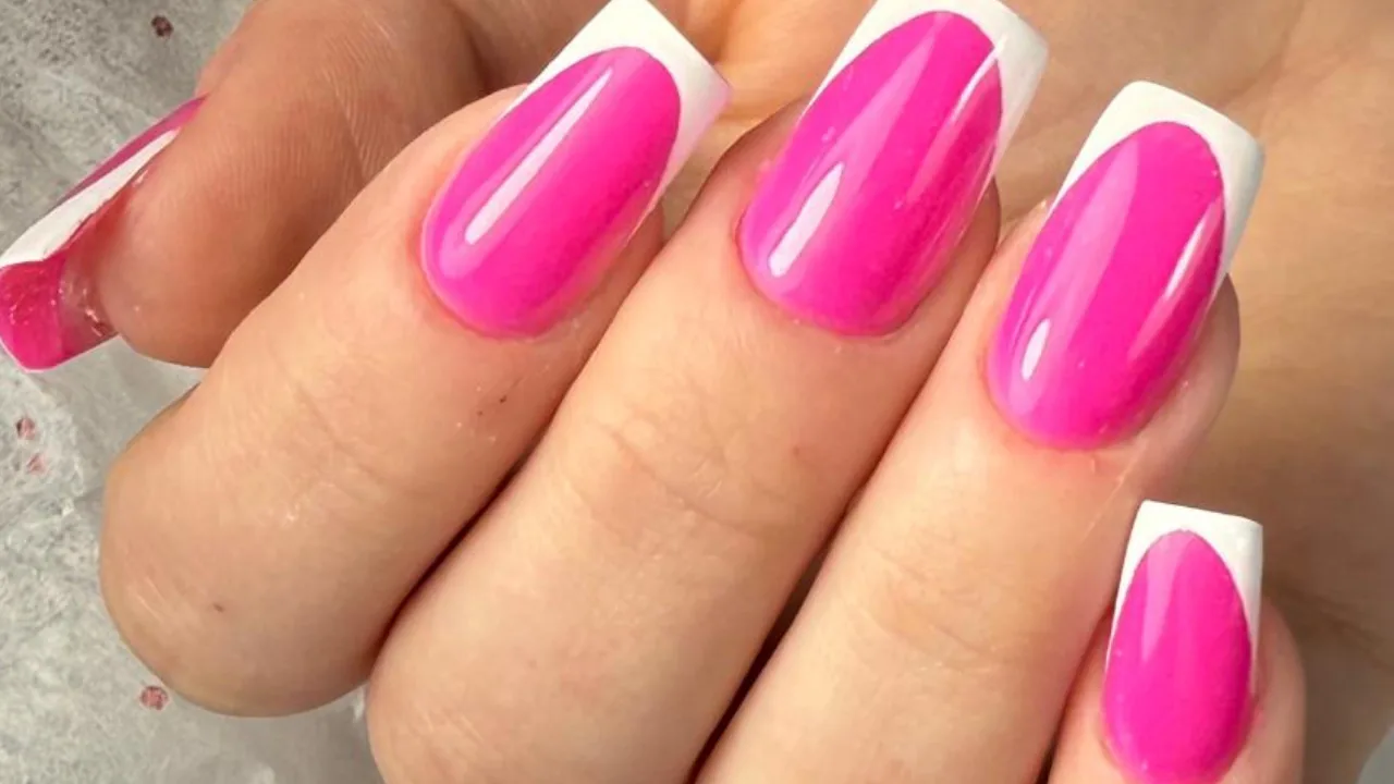 Hot pink nails with white French tips