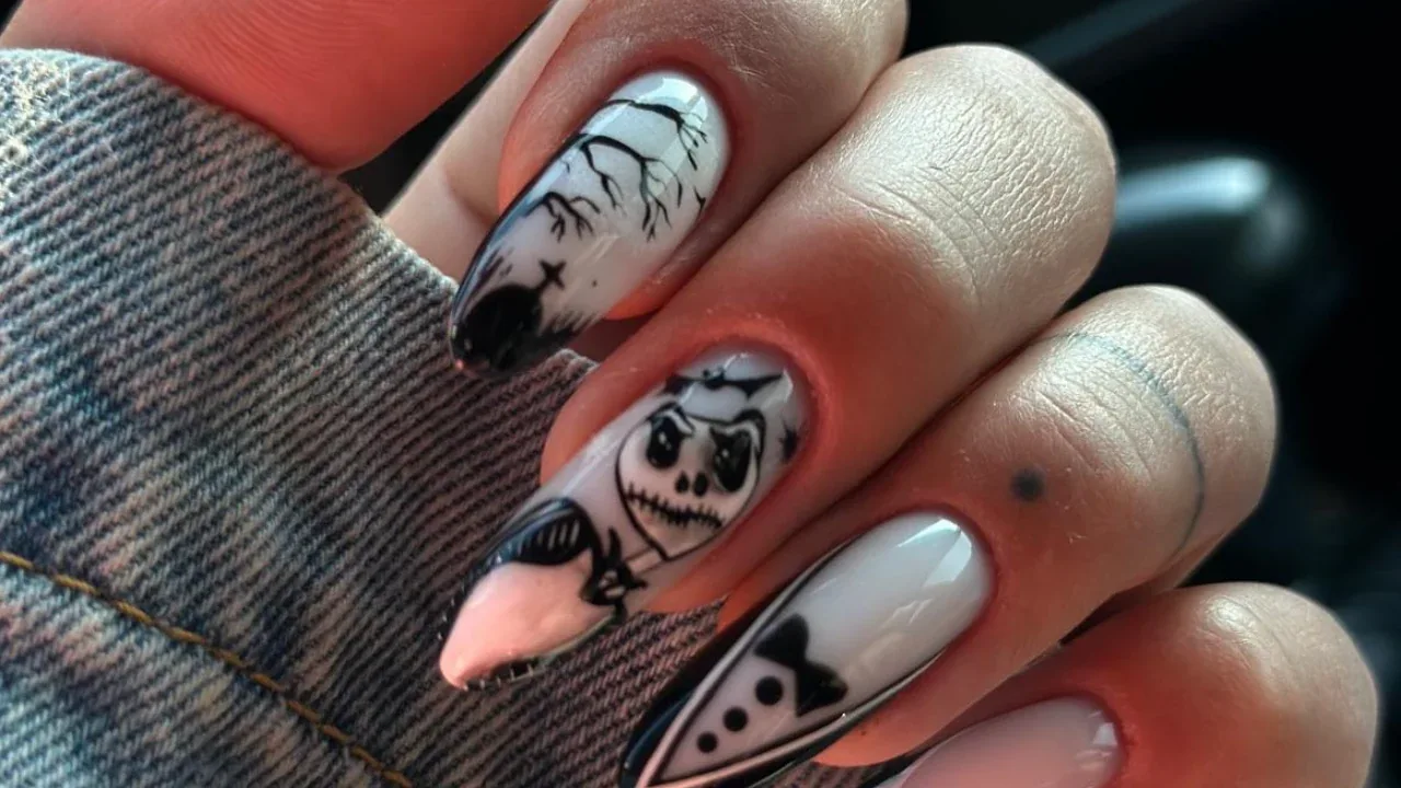 Black and white Halloween character nail art