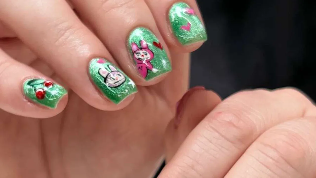 Green glitter holiday nails with cartoon art