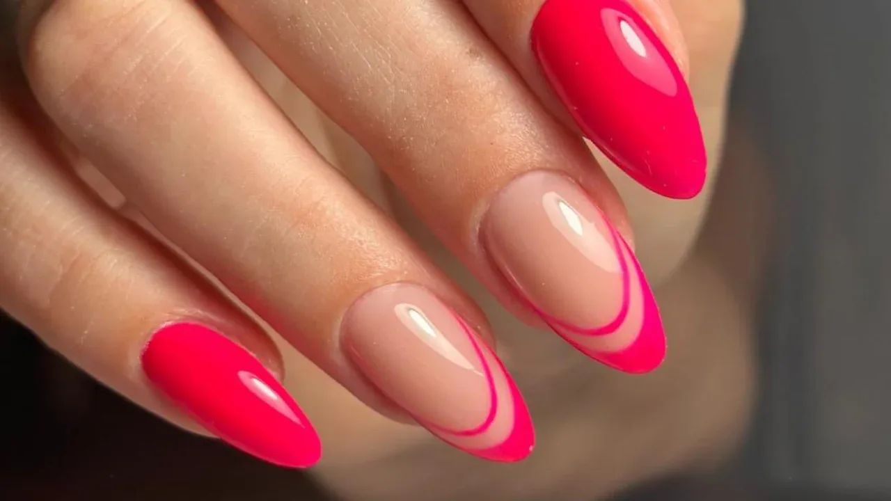 Hot pink and nude double French almond nails