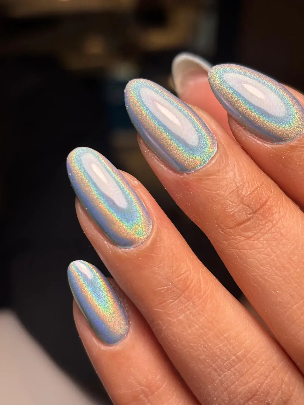 Holographic silver aura nails