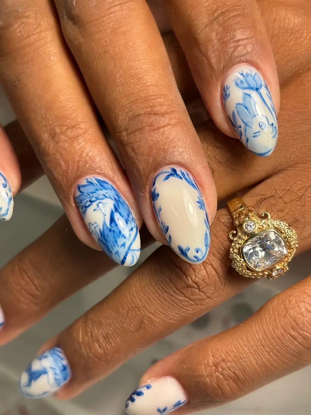 Blue and white porcelain floral nails