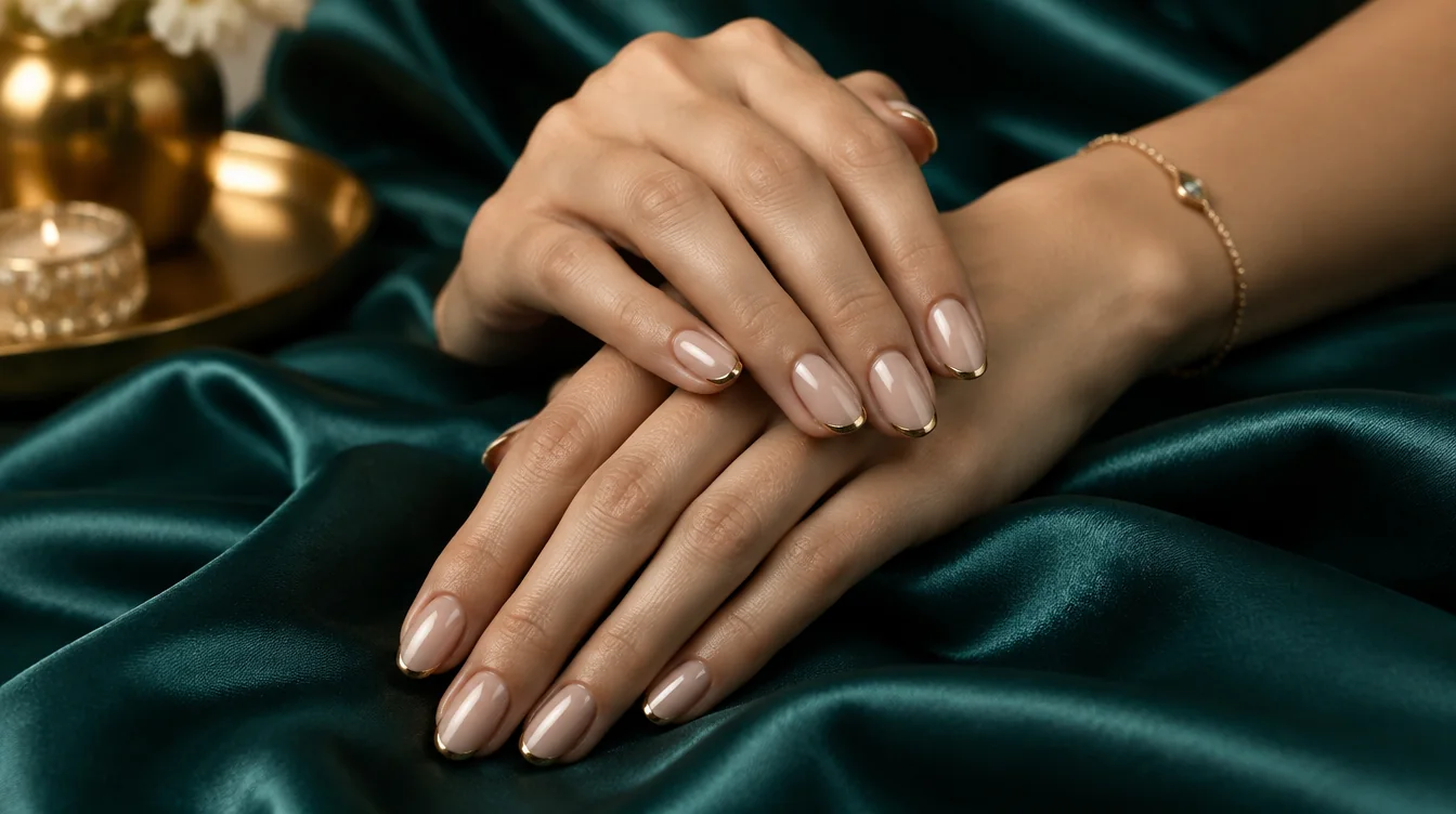 Manicured hands with gold-tipped nails from Luxo Nail Spa